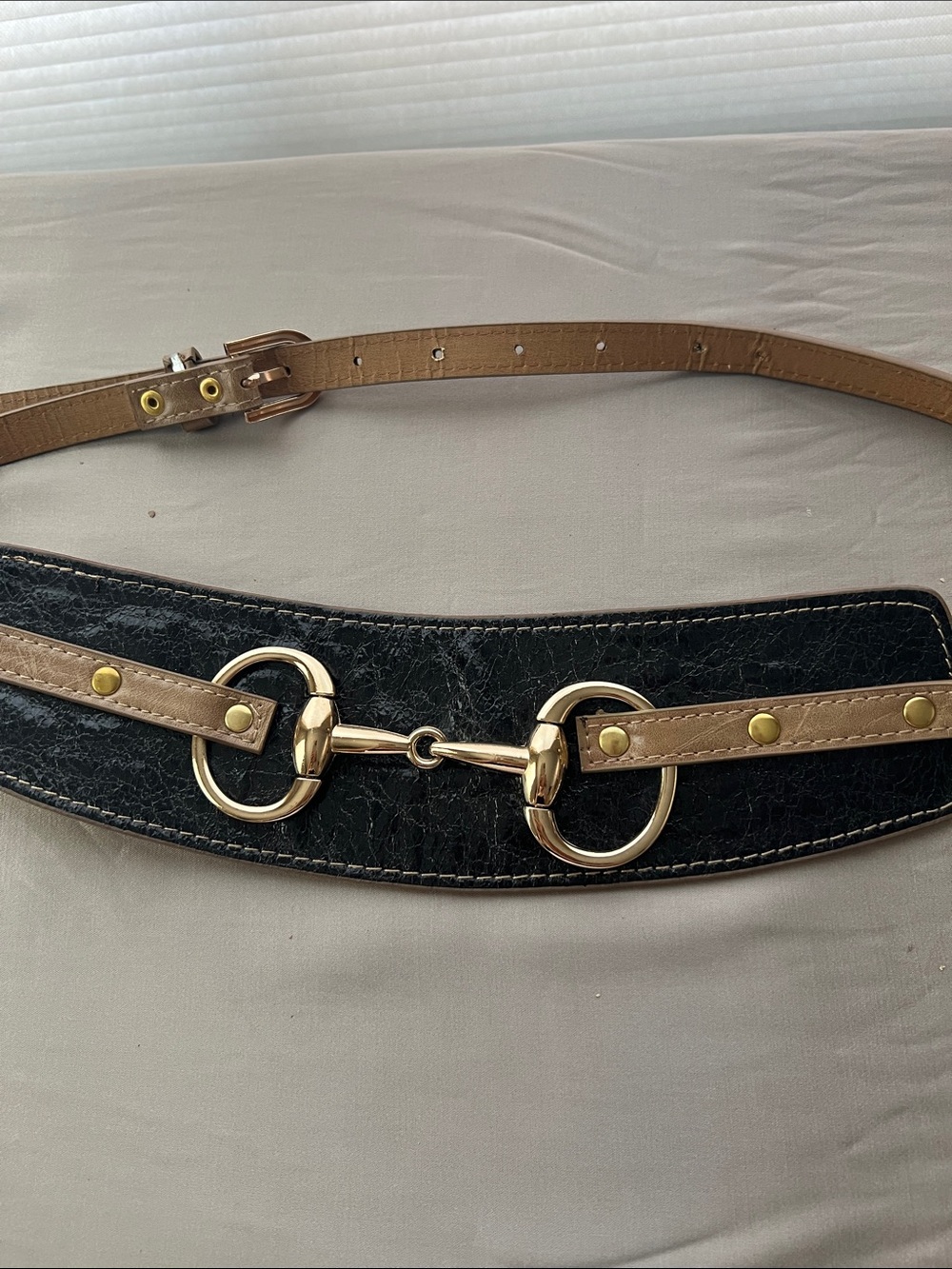 Black and Tan Wide Waist Belt with Gold Bit Hardware Faux Leather 30-34" waist